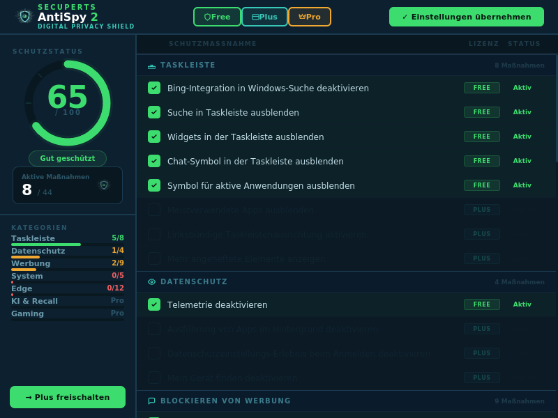AntiSpy 2 Dashboard – Free-Stufe mit 8 aktiven Maßnahmen