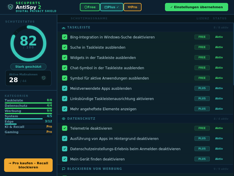 AntiSpy 2 Dashboard – Plus-Stufe mit 28 aktiven Maßnahmen