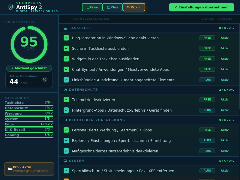 AntiSpy 2 Dashboard – Pro-Stufe mit 44 aktiven Maßnahmen